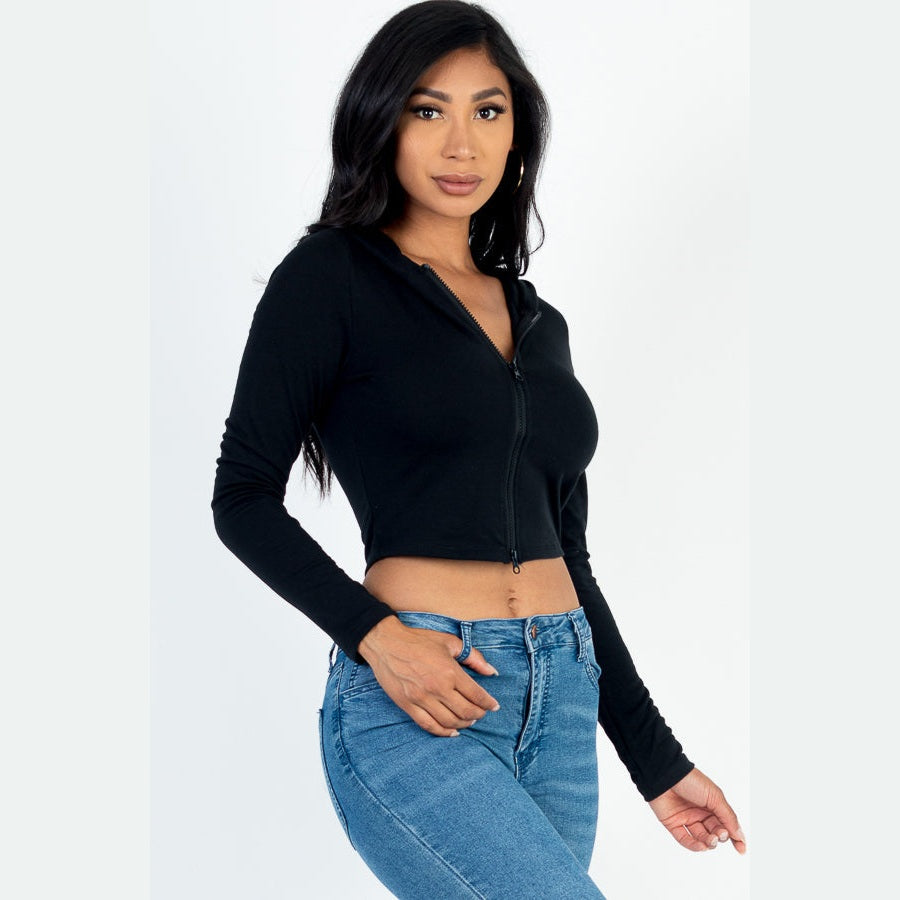 French Terry Crop Zip Up Hoodie
