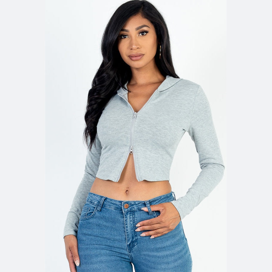 French Terry Crop Zip Up Hoodie