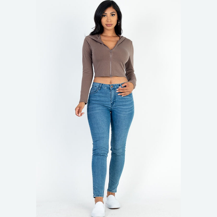 French Terry Crop Zip Up Hoodie