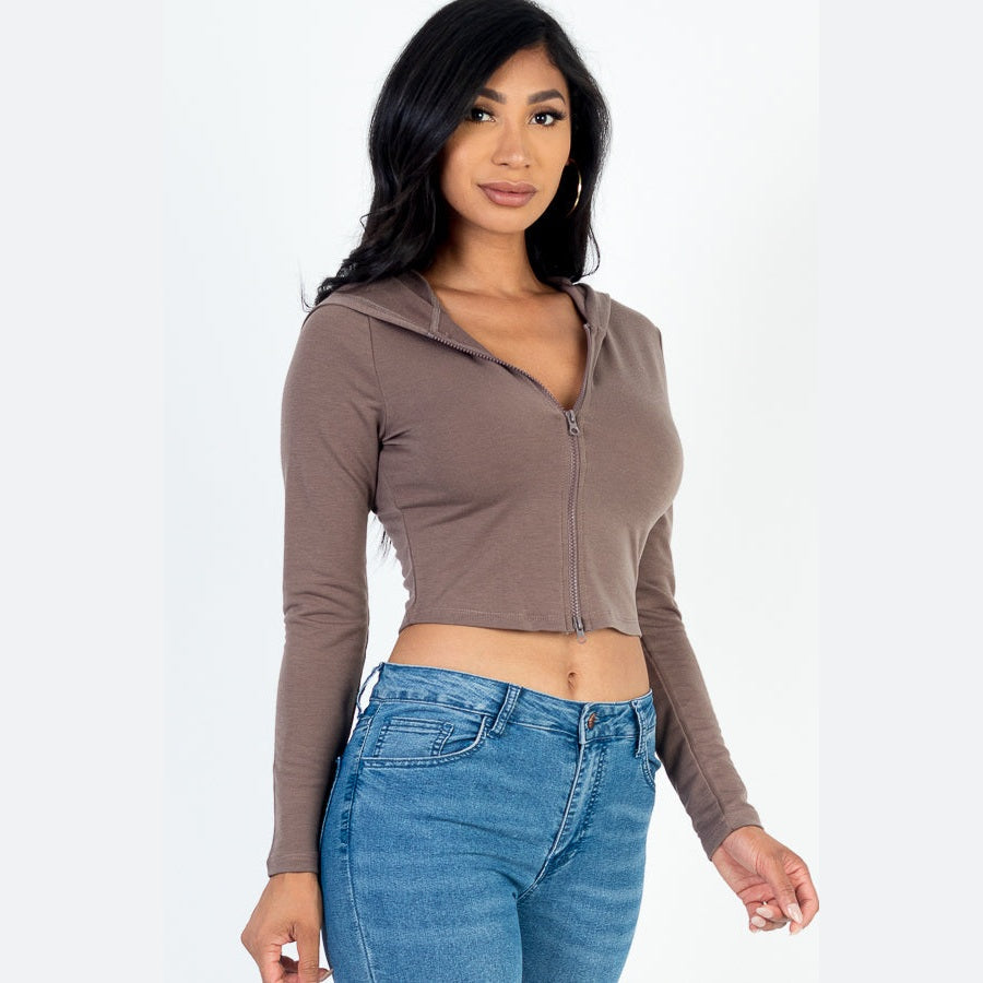 French Terry Crop Zip Up Hoodie