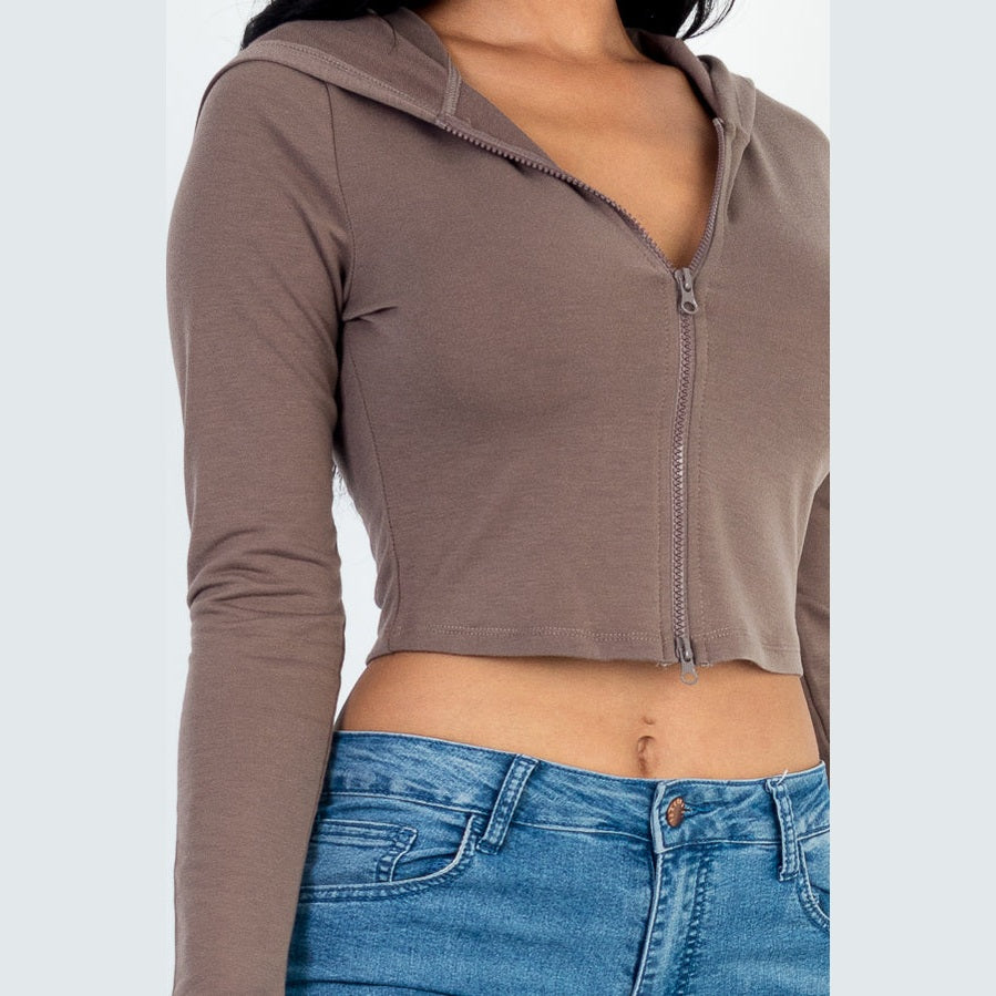 French Terry Crop Zip Up Hoodie