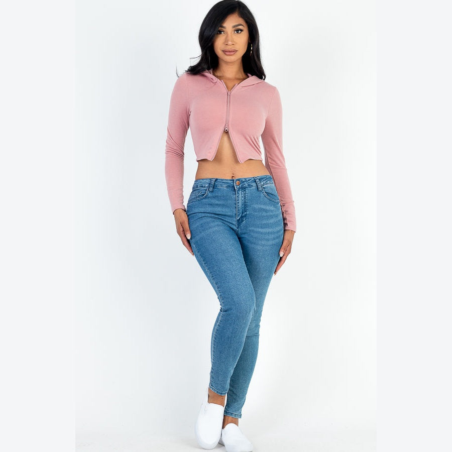 French Terry Crop Zip Up Hoodie