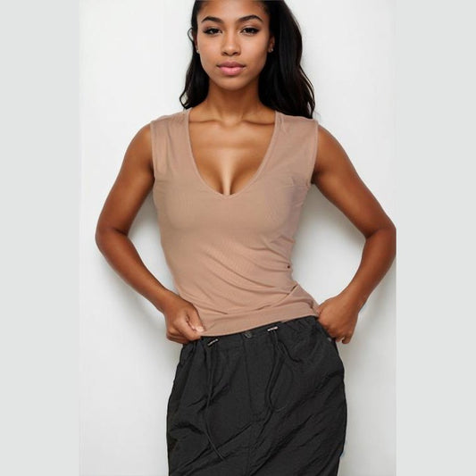 Ribbed V-Neck Sleeveless Top