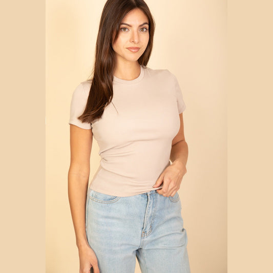 Ribbed Round Neck Short Sleeve Top