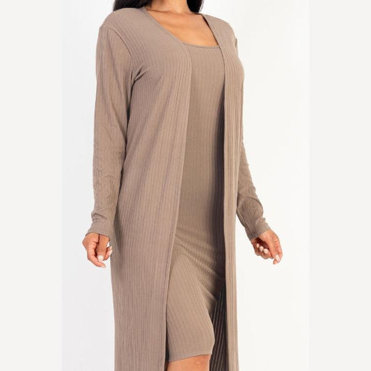 Ribbed Cardigan & Cami Midi Bodycon Dress