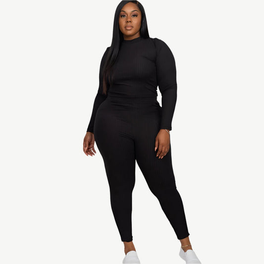 Plus Size Ribbed Mock Neck Long Sleeve Top & Leggings Set