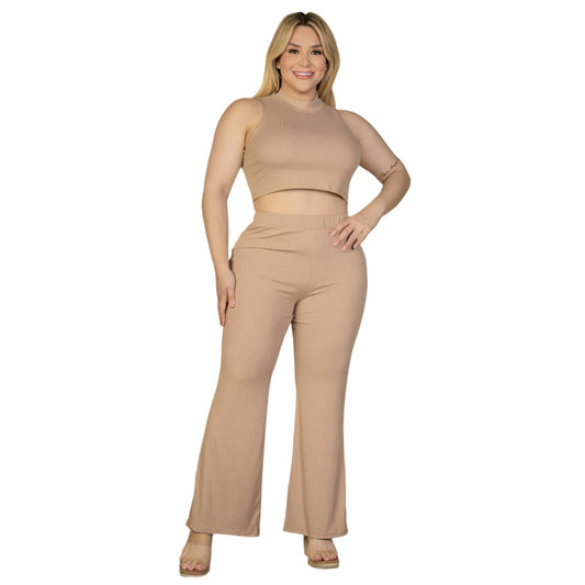 Plus Size Ribbed Mock Neck Crop Tank Top& Bootcut Pants Set