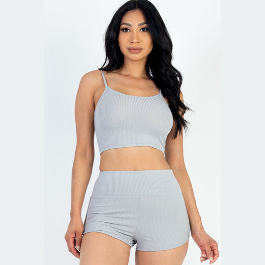 Ribbed Cami Crop Top & Ruched Shorts Set