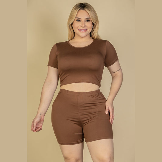 Plus Size Short Sleeve Crop Top & Shorts Set