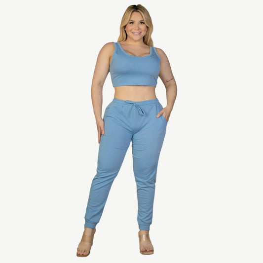 Plus Size French Terry Cropped Tank Top & Joggers Set