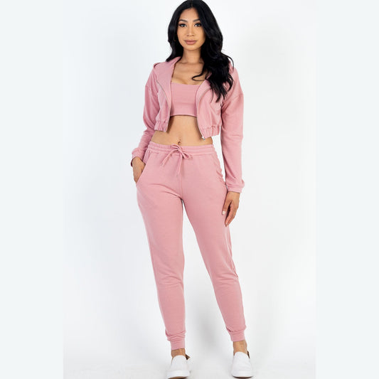 French Terry Cropped Cami with Zip-up Jacket and Joggers Set