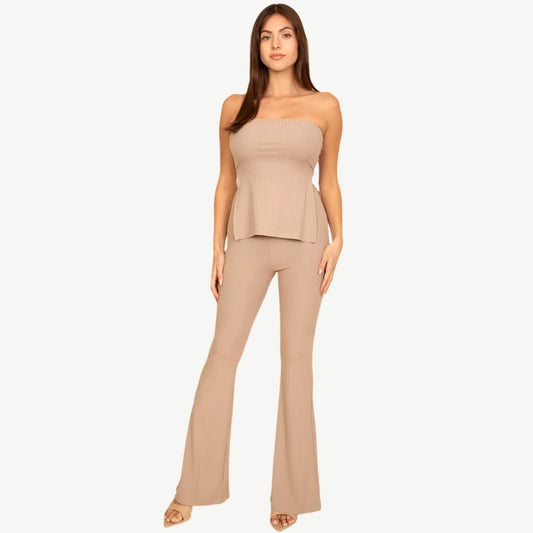 Ribbed Side Slit Bandeau Top & Flare Pants Set