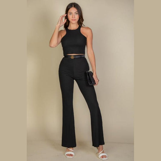 Ribbed Cropped Top and Bootcut Pants Sets