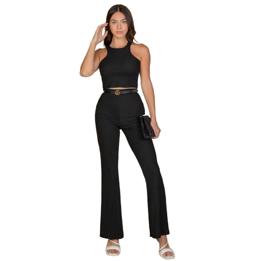 Ribbed Cropped Top and Bootcut Pants Sets