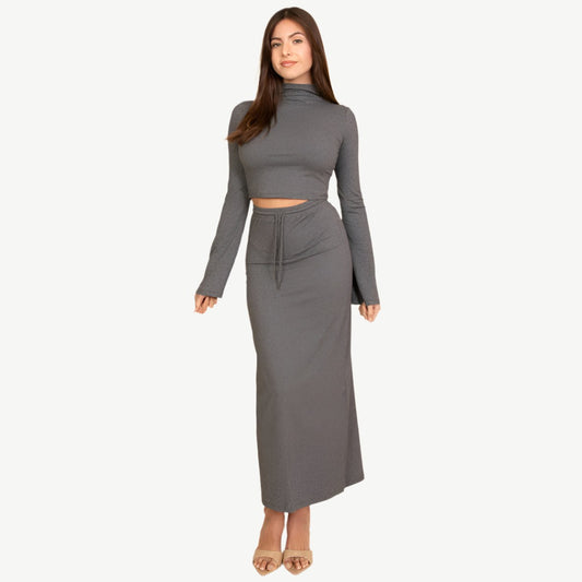 Mock Neck Bell Sleeve Crop Top & Maxi Skirt Set