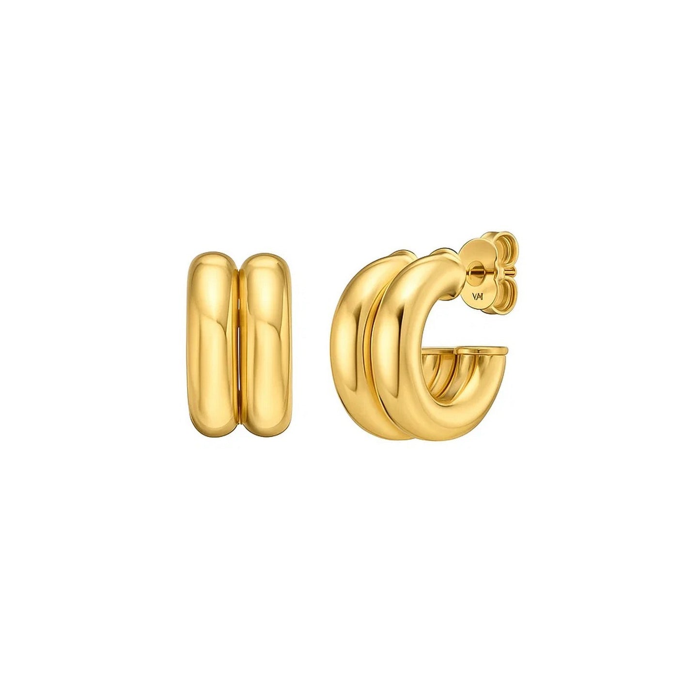 14K Yellow Gold Puffed Double Row C Hoop Earrings