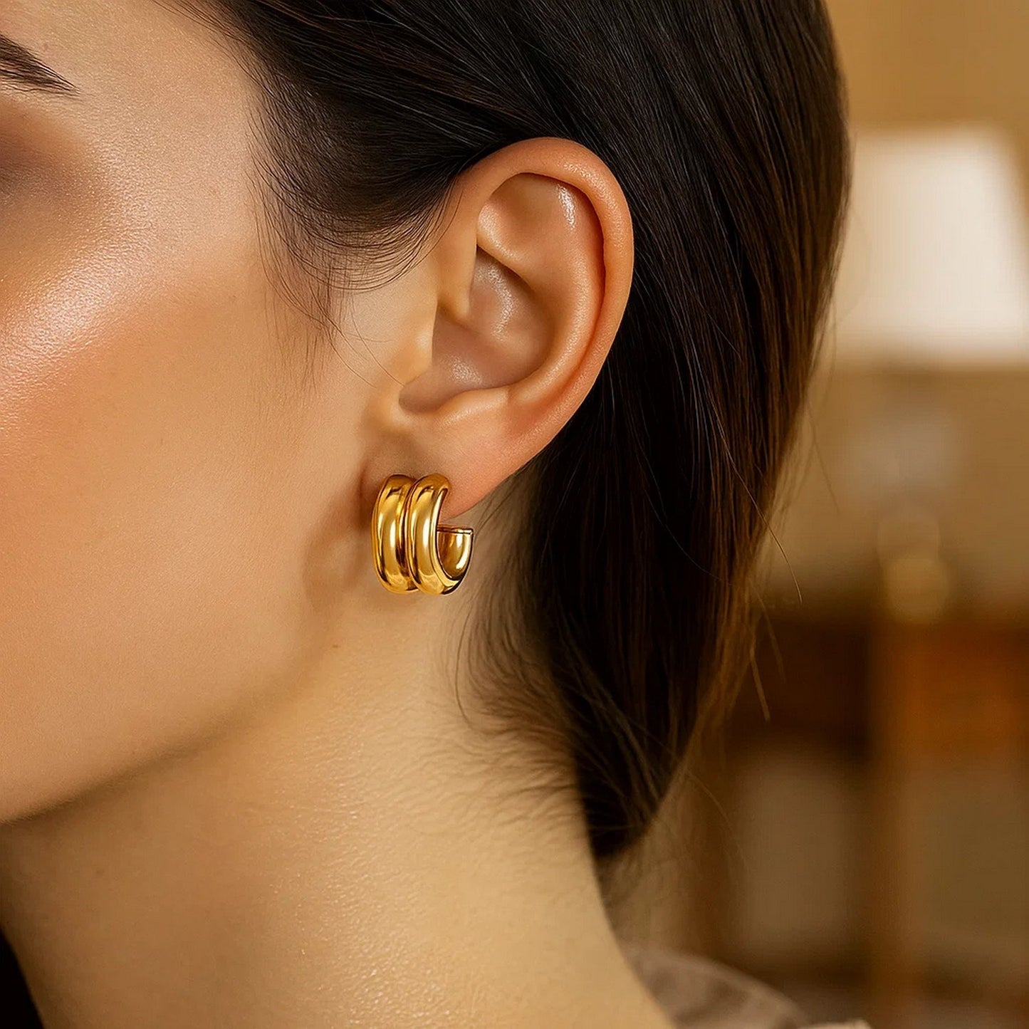 14K Yellow Gold Puffed Double Row C Hoop Earrings