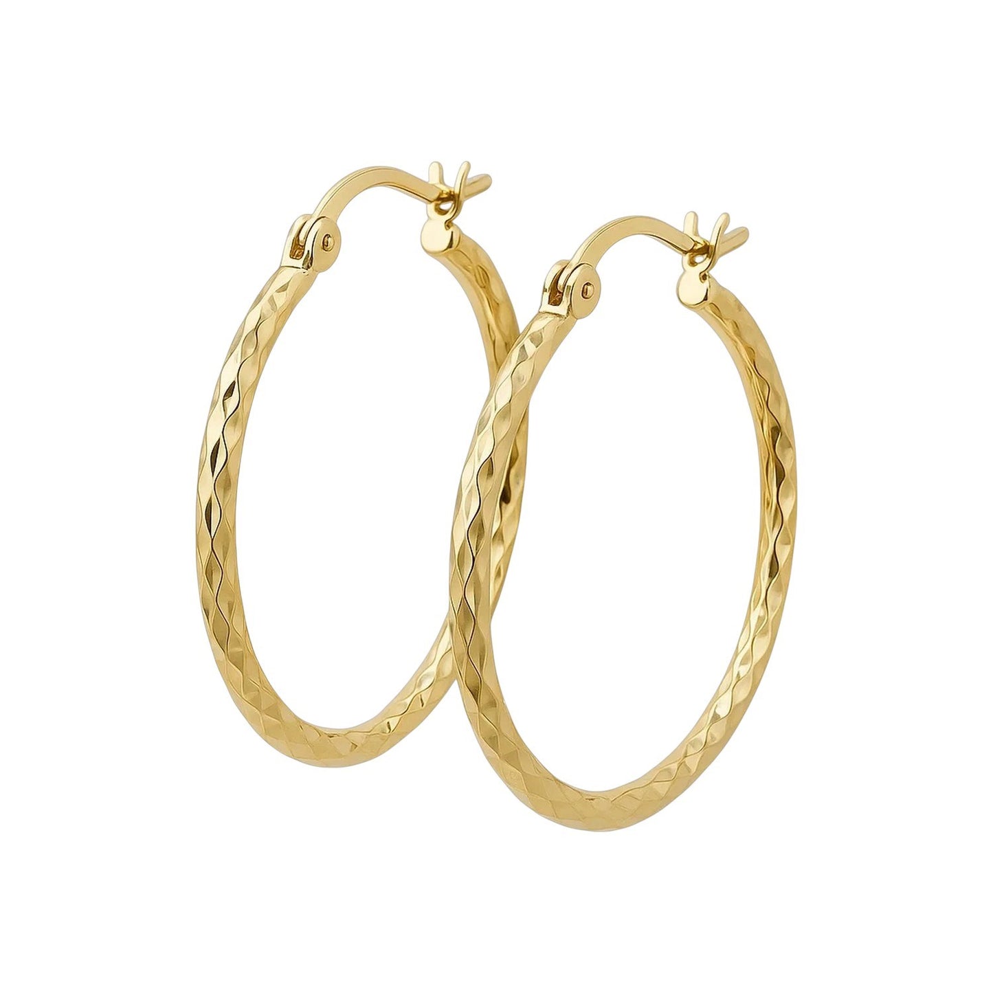 14k Yellow Gold Slender Hoop Earring with Diamond-Cut Finish (25mm Diameter)