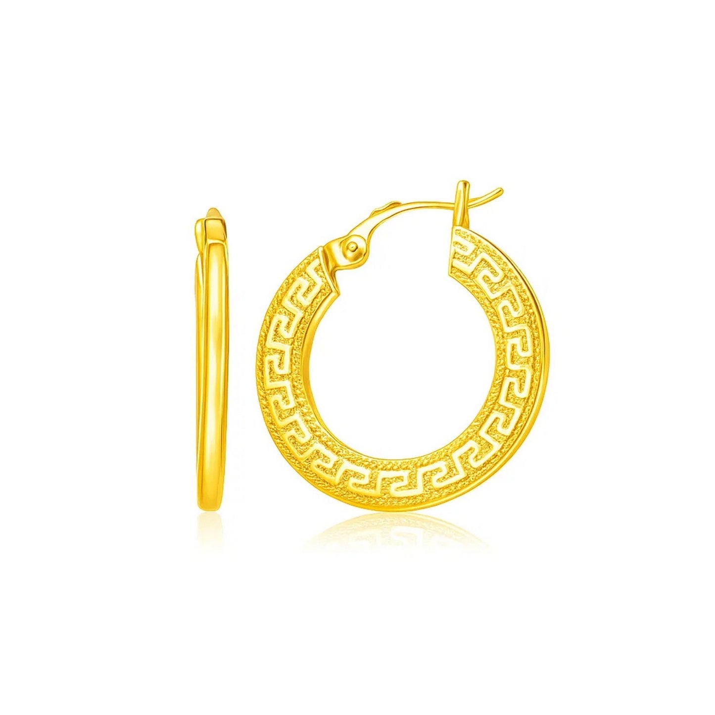 14k Yellow Gold Greek Key Medium Hoop Earrings with Flat Sides
