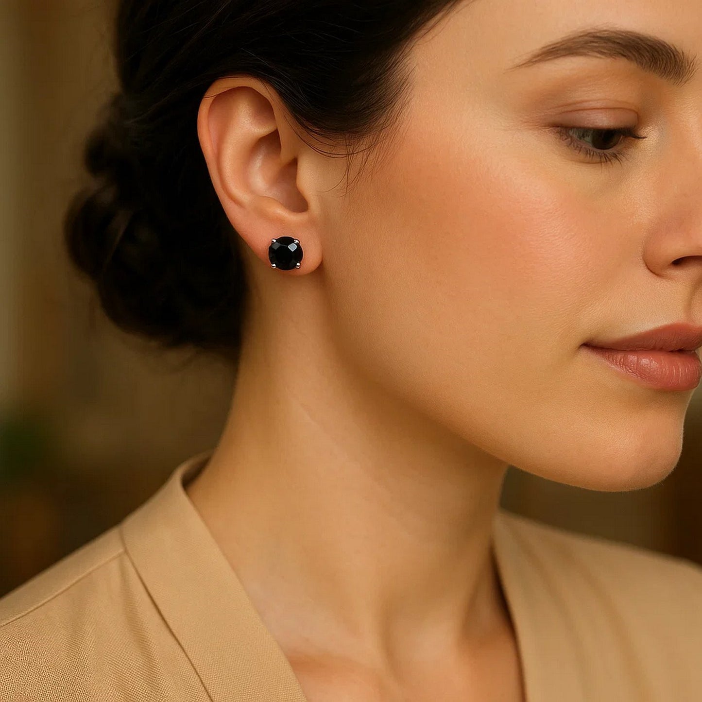 14k White Gold Stud Earrings with Black Faceted Cubic Zirconia(6mm)