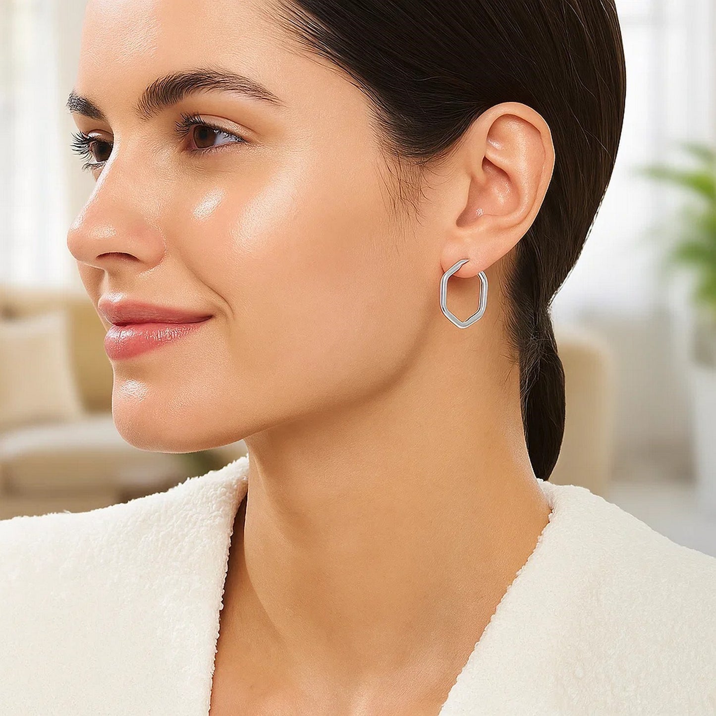 14k White Gold Shiny Hexagon Hoop Earrings