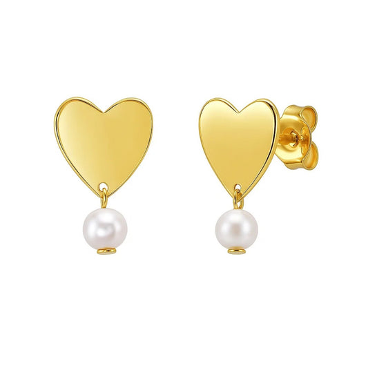 Heart and Pearl Drop Stud Earrings in 14K Yellow Gold
