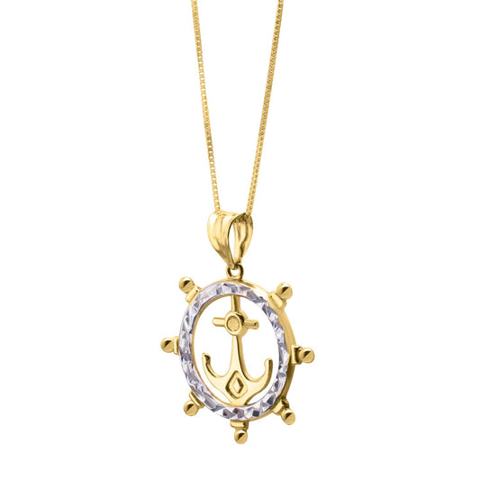 Ships Wheel Anchor Necklace in 10K Yellow Gold