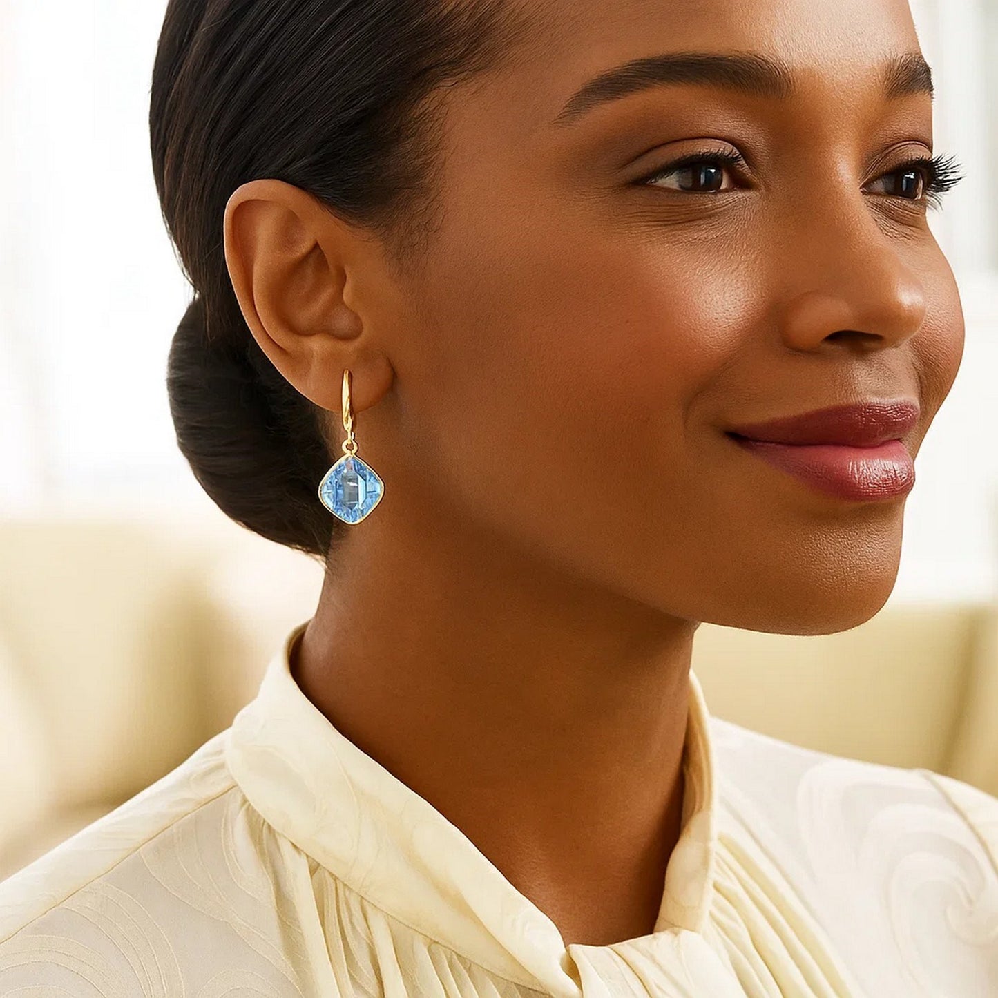 Drop Earrings with Blue Topaz Cushion Briolettes in 14k Yellow Gold