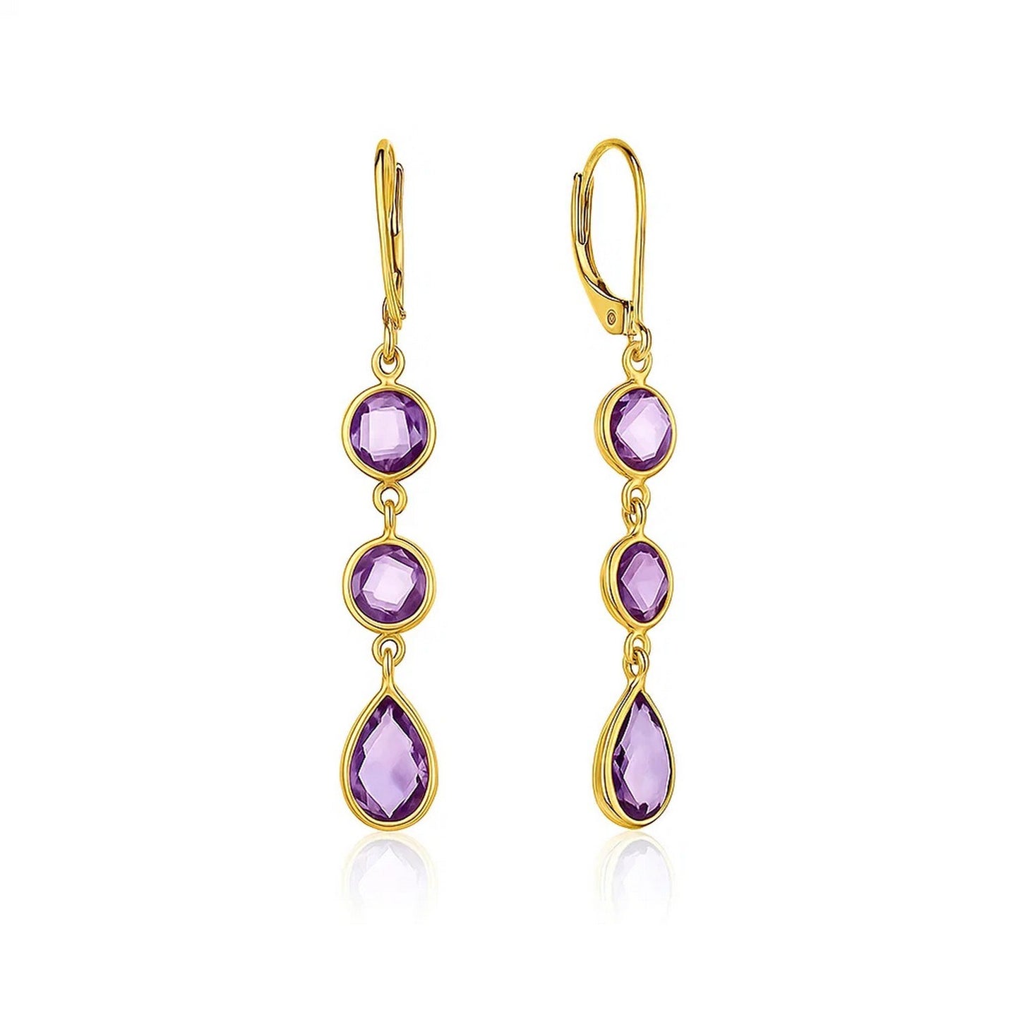 Drop Earrings with Round and Pear-Shaped Amethysts in 14k Yellow Gold
