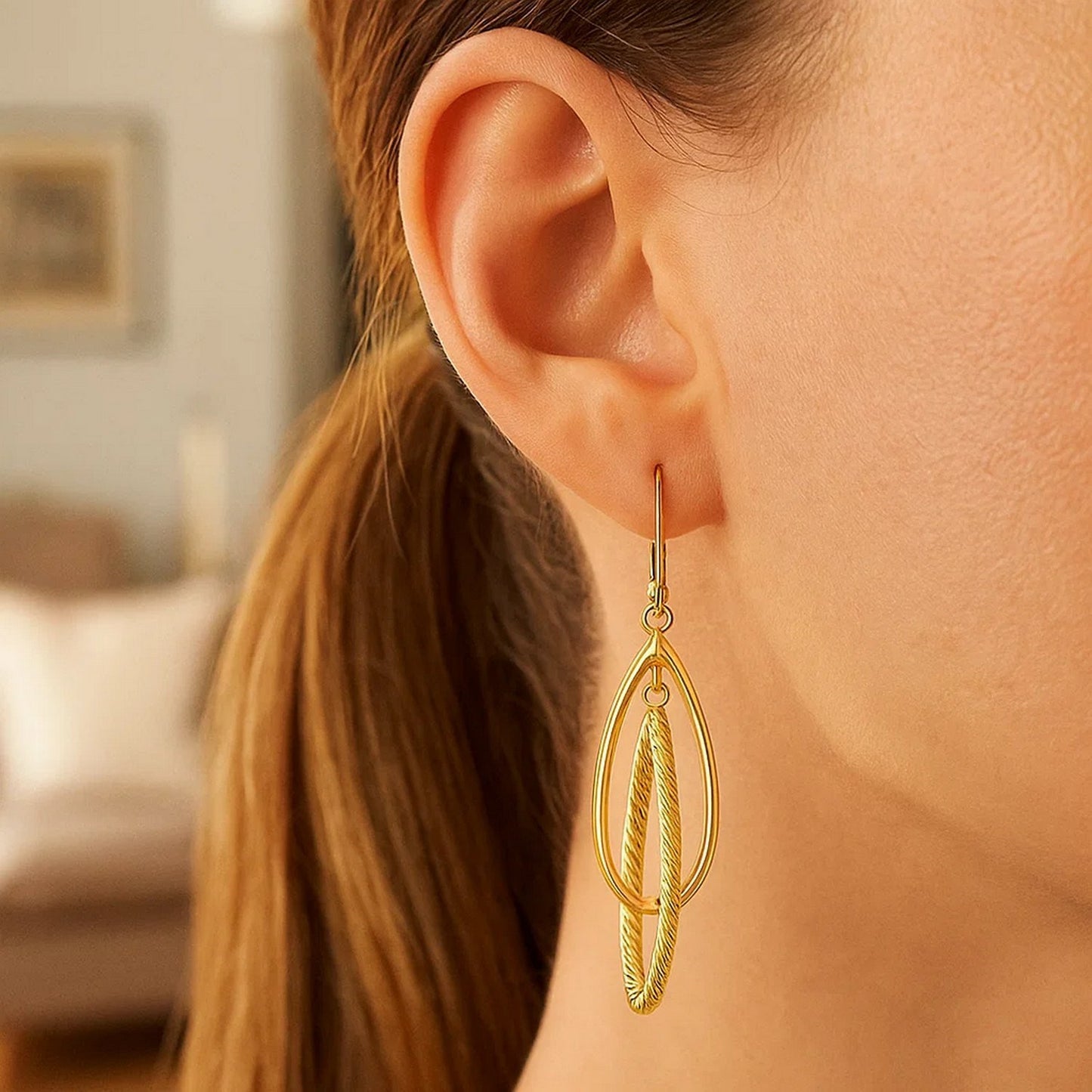 14k Yellow Gold Earrings with Shiny and Textured Teardrop Dangles