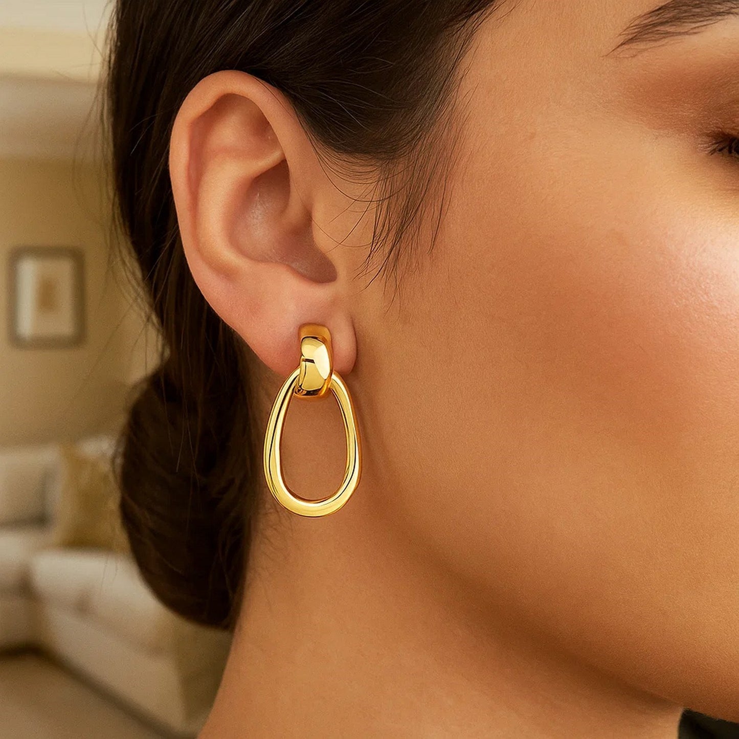 14K Yellow Gold Interlocking Drop Hoop Earrings