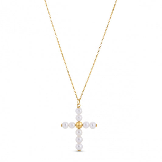 14k Yellow Gold Pearl Cross Pendant