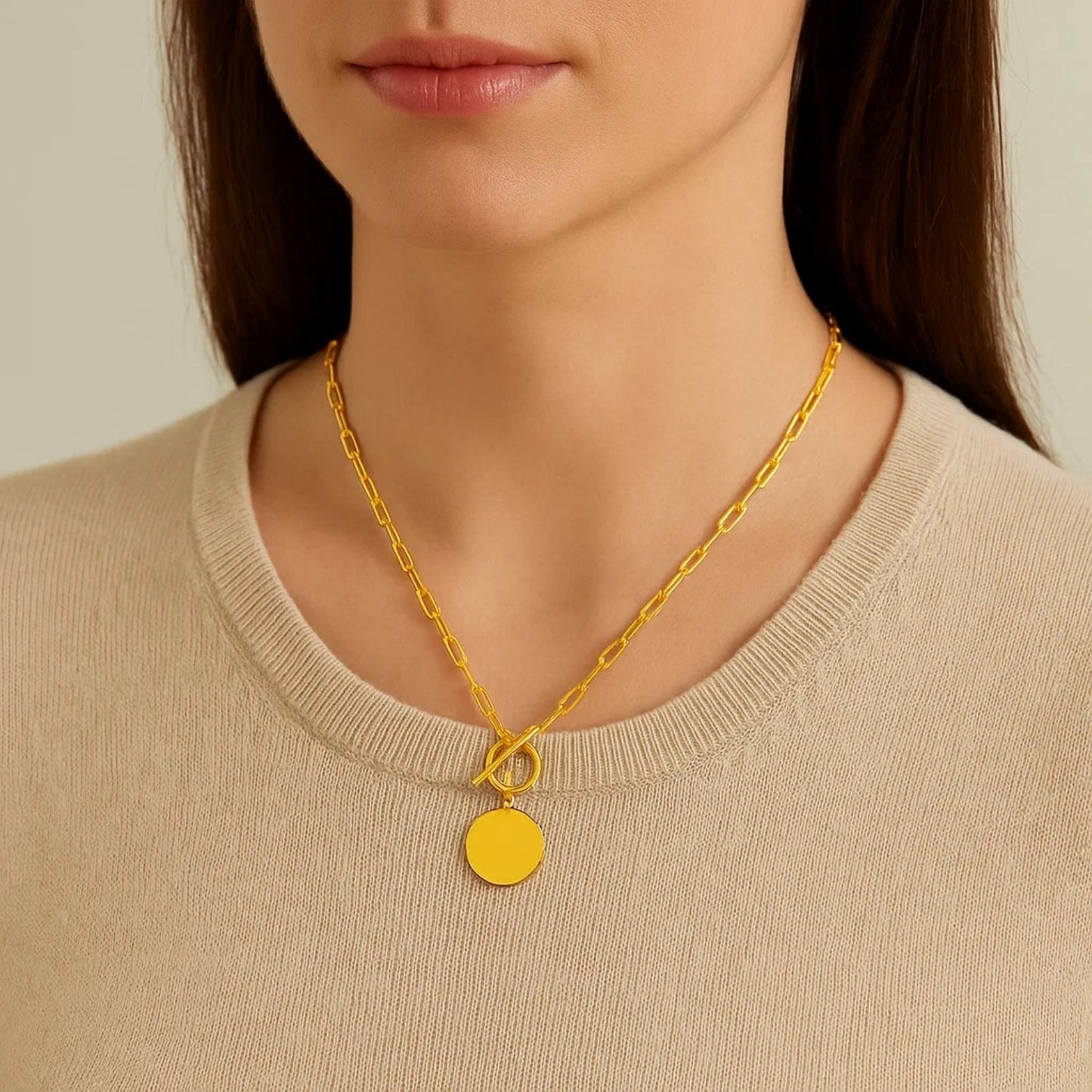 14k Yellow Gold Paperclip Chain Necklace with Circle Pendant
