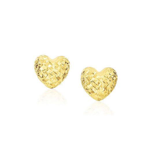 14k Yellow Gold Puffed Heart Earrings with Diamond Cuts(8mm)