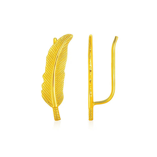 Textured Feather Climber Earrings in 14k Yellow Gold