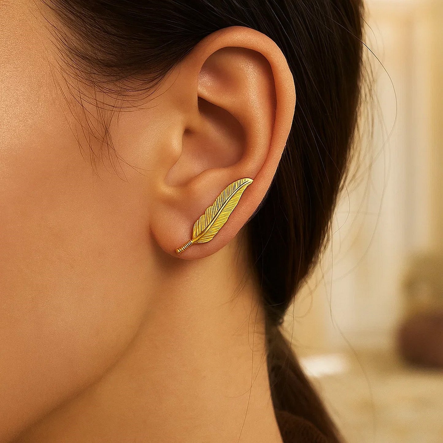 Textured Feather Climber Earrings in 14k Yellow Gold