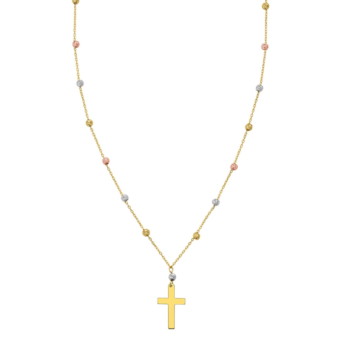 14K Tri Color Gold Beaded Cross Necklace