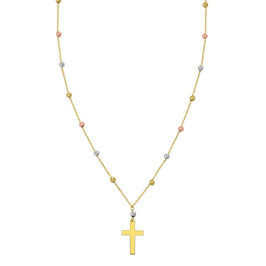 14K Tri Color Gold Beaded Cross Necklace