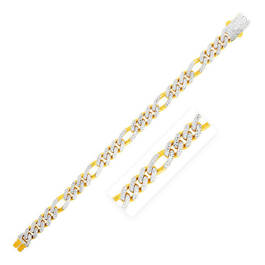 14k Yellow Gold White Pave High Polish Modern Lite Figaro Bracelet (9.50 mm)