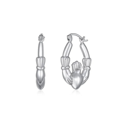 14K White Gold Claddagh Symbol Hoop Earrings