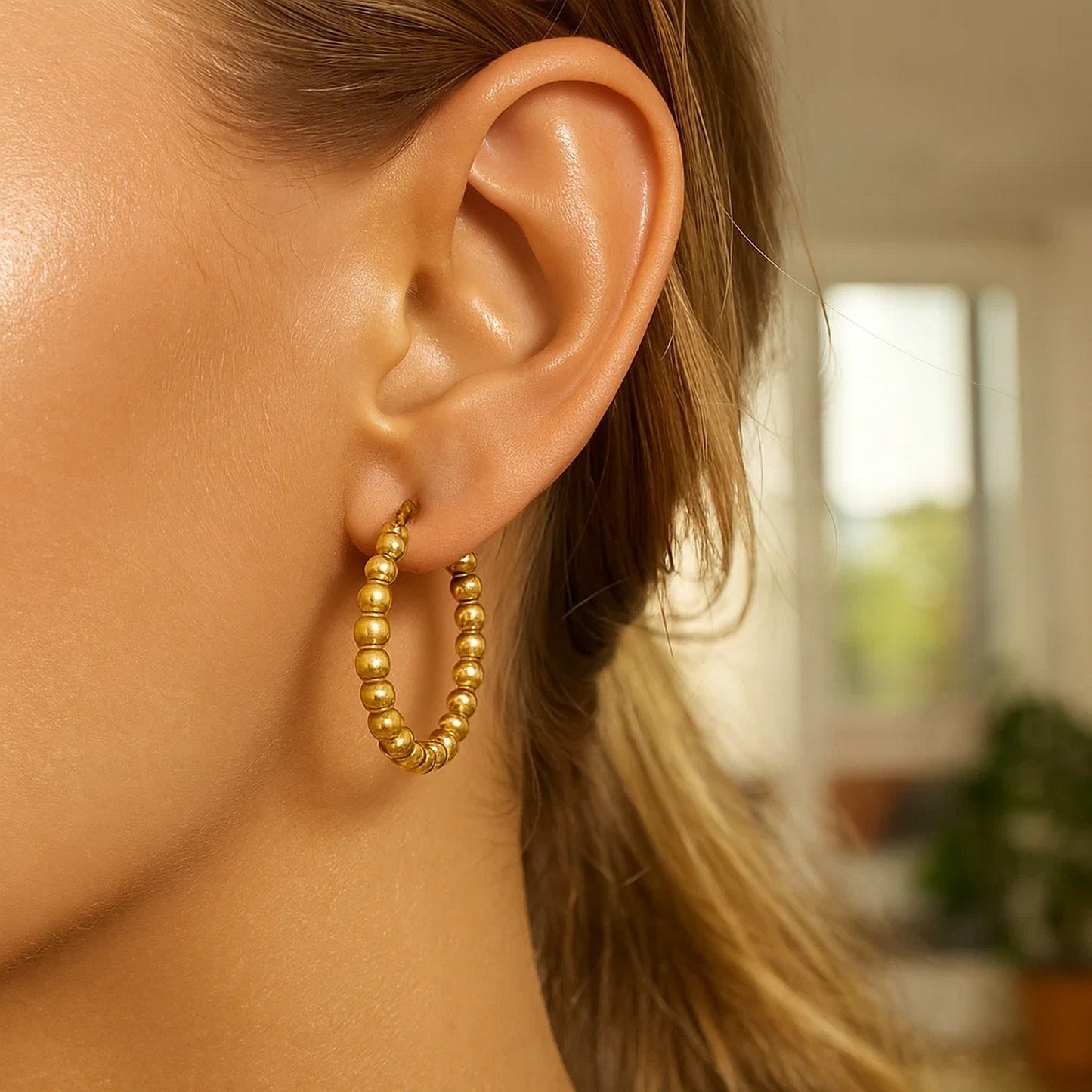 14K Yellow Gold Polished Medium Bead Hoop Earrings