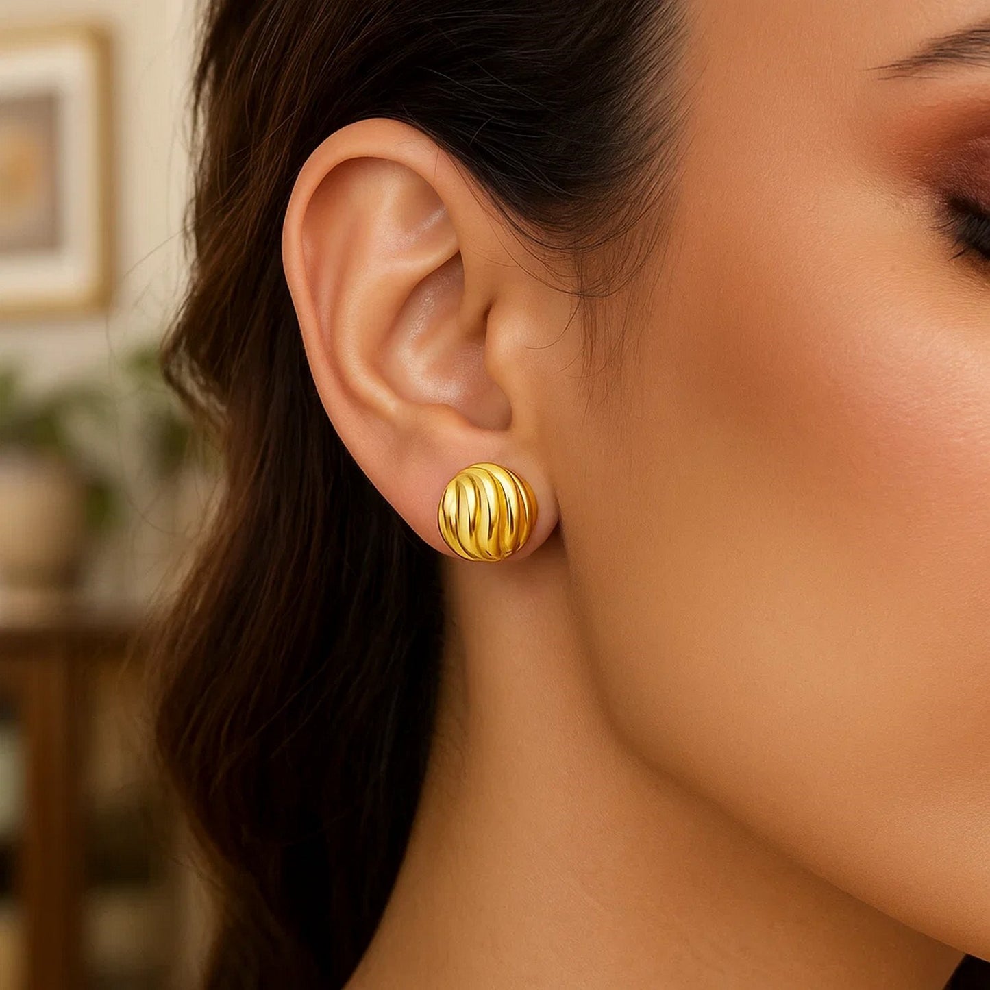 14K Yellow Gold Swirl Button Stud Earrings