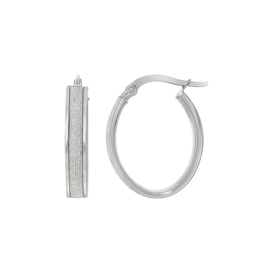 14k White Gold Glitter Center Oval Hoop Earrings(4x15mm)
