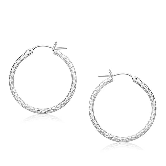 14k White Gold Diamond Cut Hoop Earrings (2x25mm)