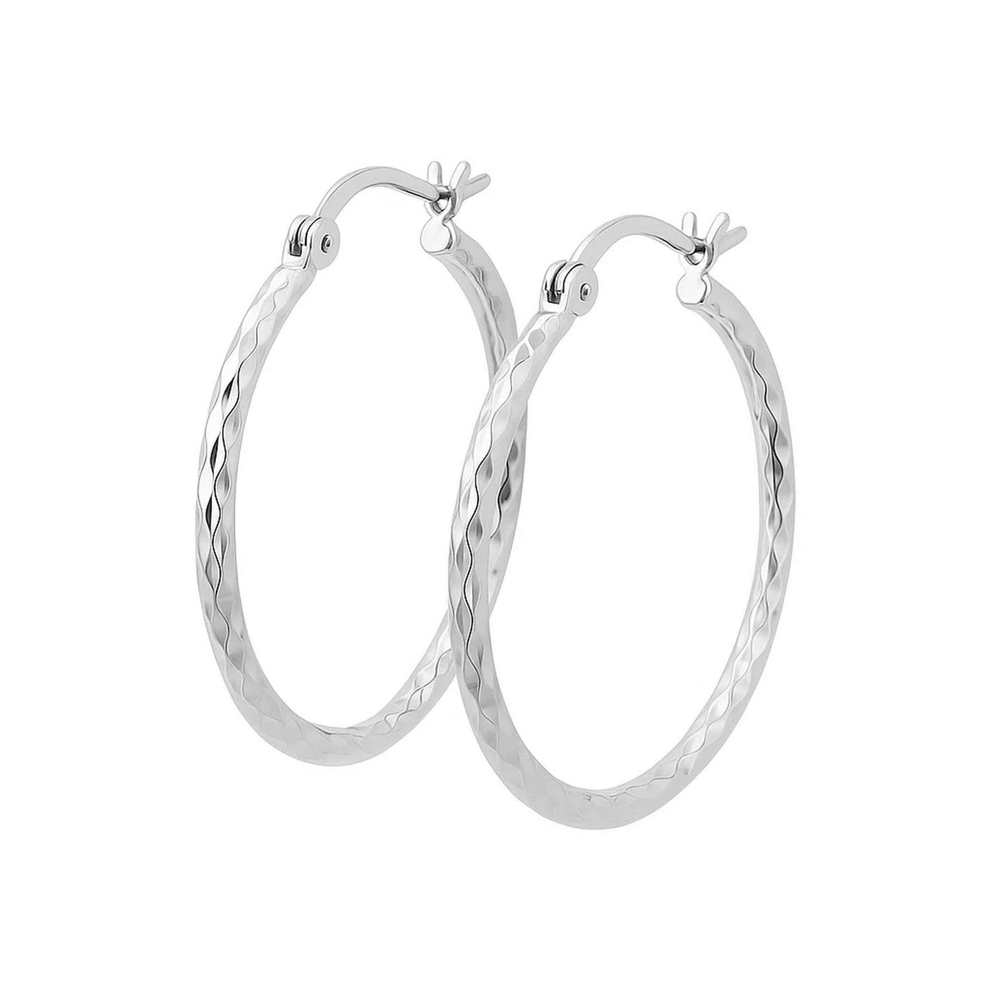 14k White Gold Diamond Cut Hoop Earrings  (2x25mm)