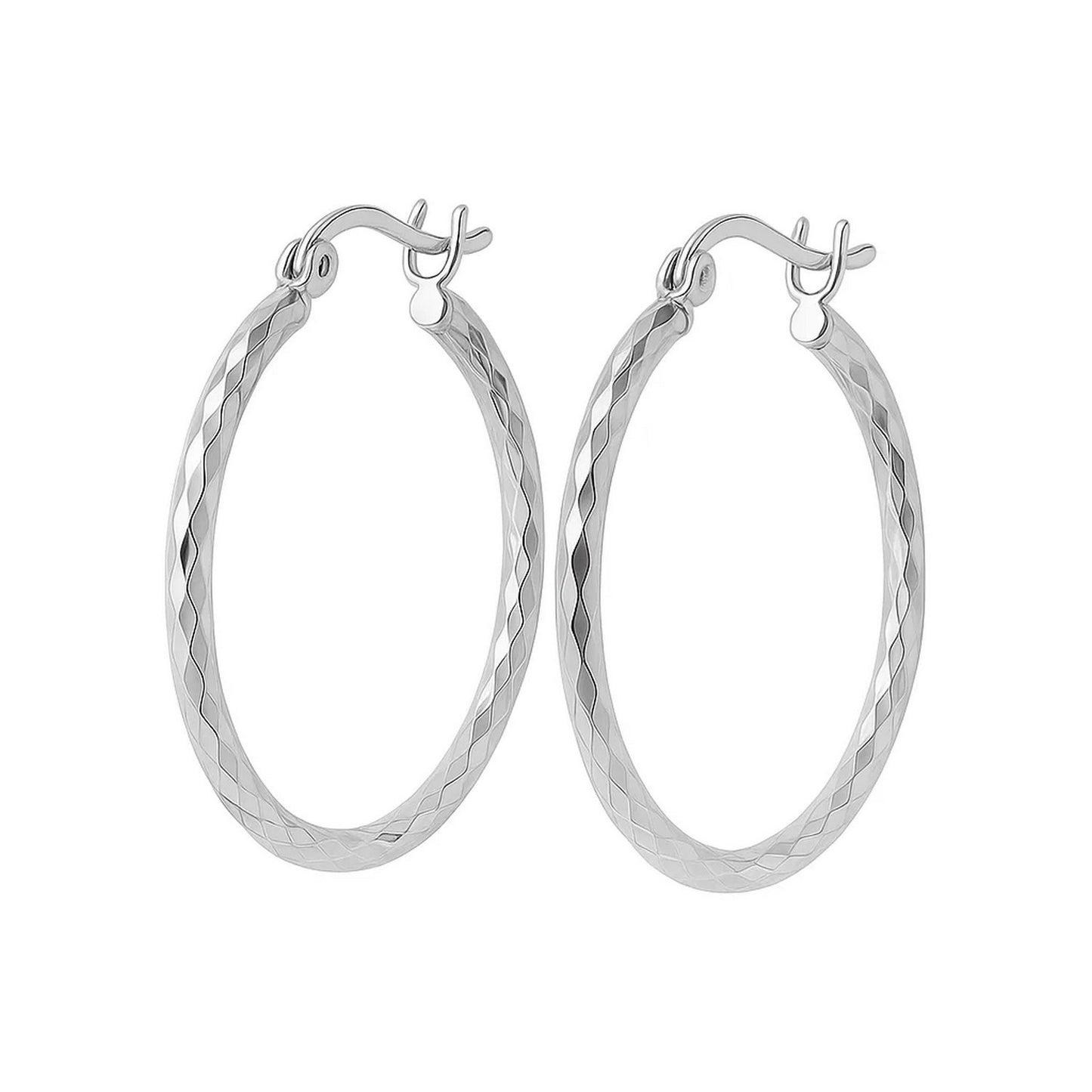14k White Gold Diamond Cut Hoop Earrings  (2x25mm)