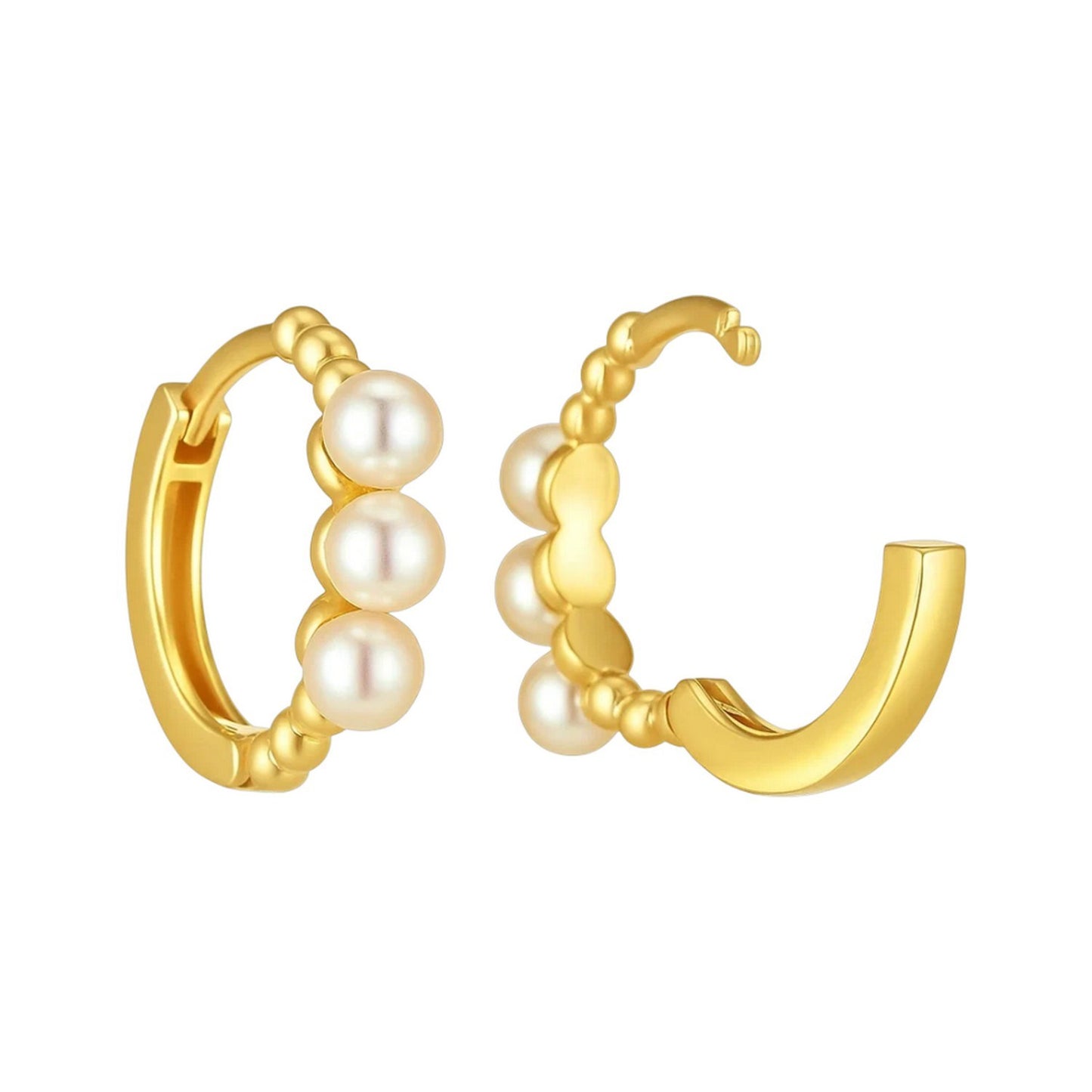 14k Yellow Gold Pearl Huggie Earrings