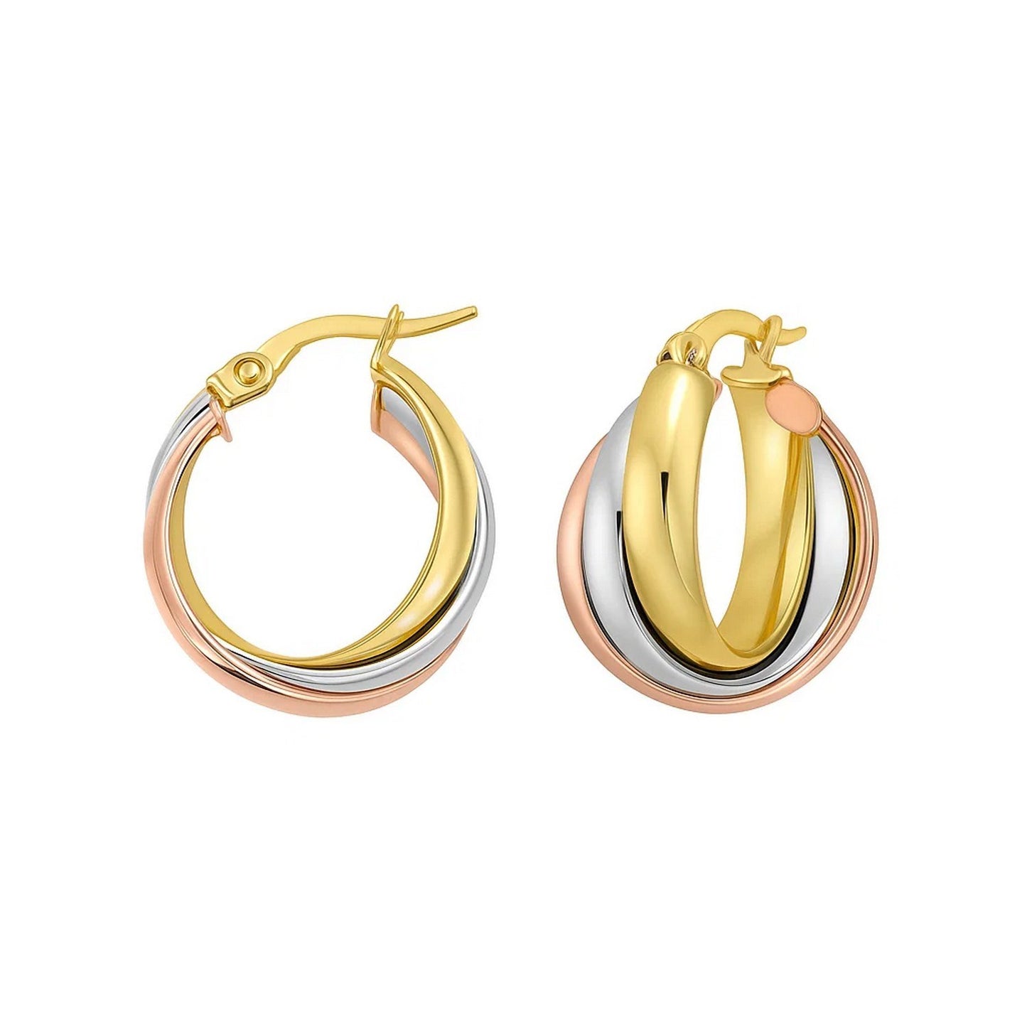 14K Tri Color Gold Polished Medium Trinity Woven Hoop Earrings