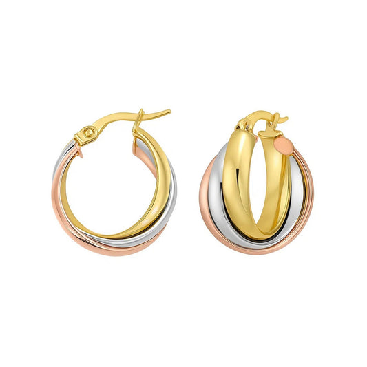 14K Tri Color Gold Polished Medium Trinity Woven Hoop Earrings