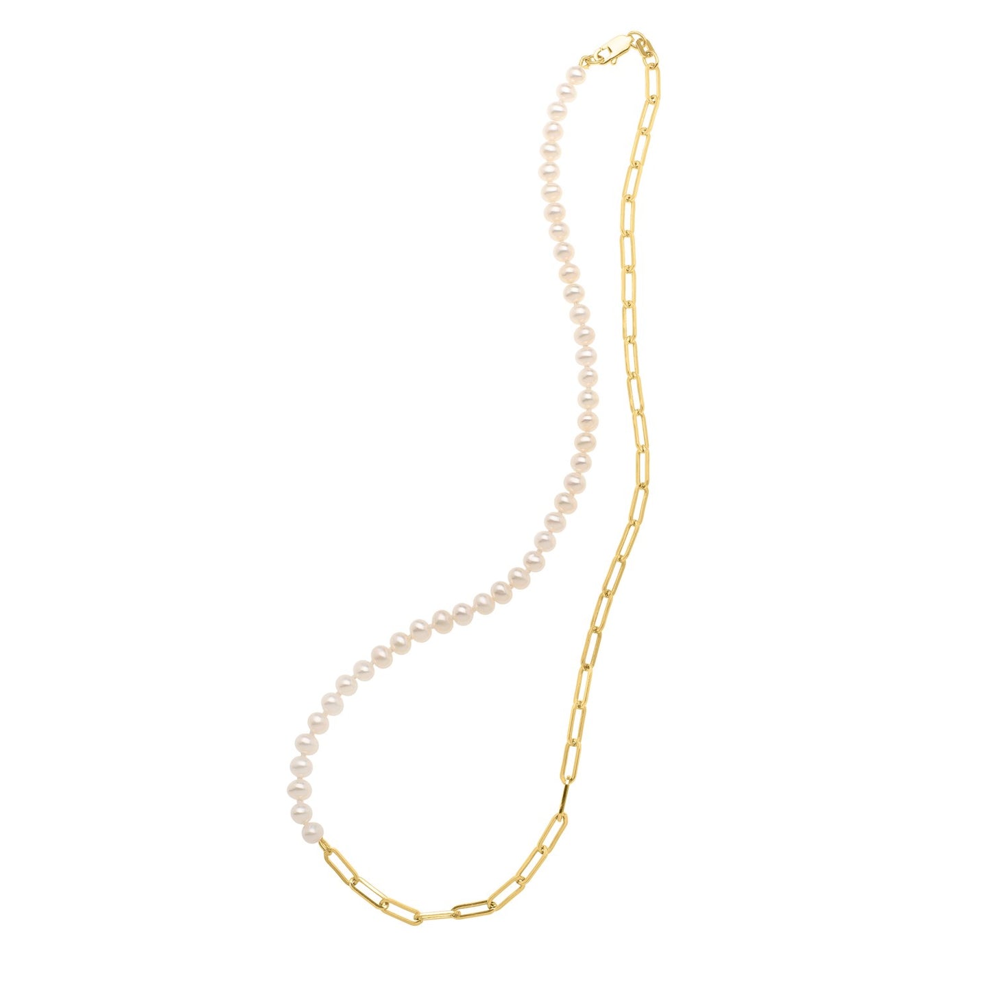 5mm Pearl and Lite Paperclip Necklace in 14K Yellow Gold